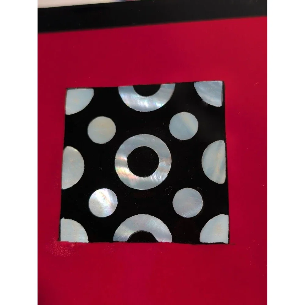 vintage article mother of pearl and lay coaster set of six with holder black red